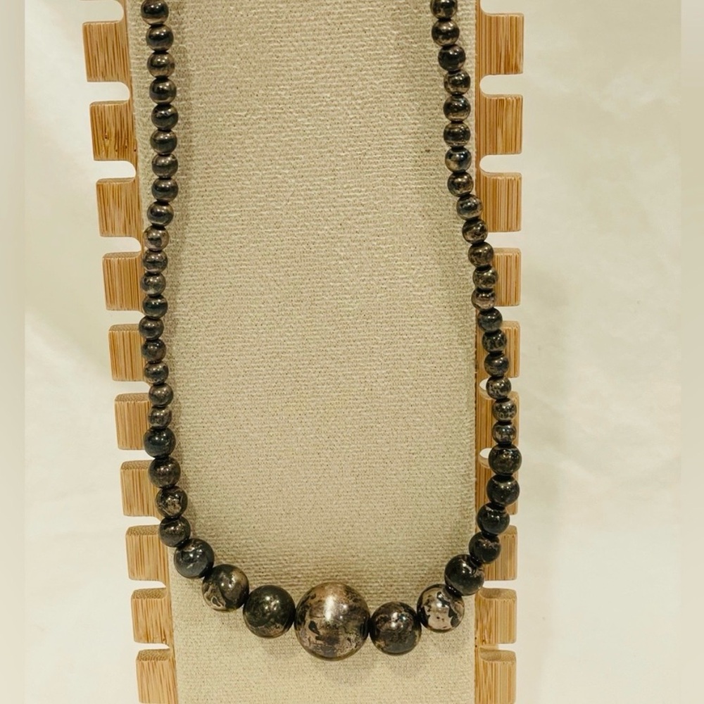Black and Copper Vintage Marbled Graduated Bead Necklace Lobster Clasp